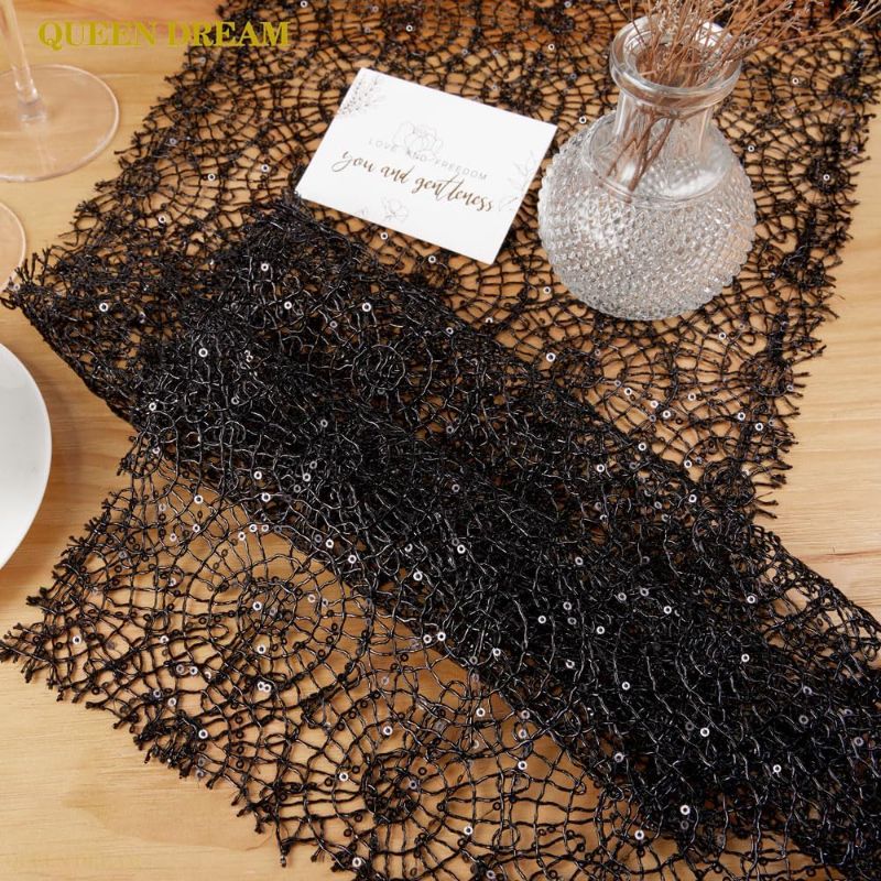 Photo 1 of 2 Pieces Black Table Runner 12 x 80 Inches Black Sequin Table Runner Glitter Roll Rectangle Table Decorations for Wedding Birthday Graduation New Years' Parties Black 12 x 80 inch