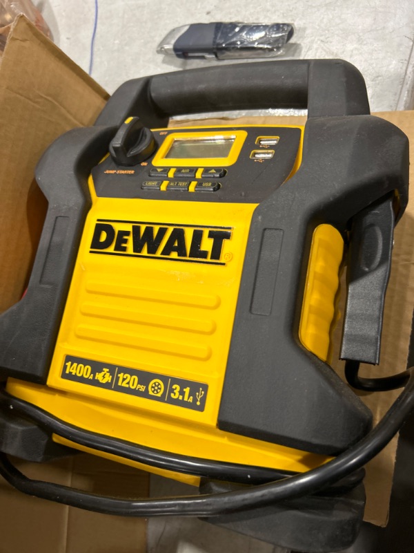 Photo 2 of DEWALT DXAEJ14 Digital Portable Power Station Jump Starter: 1400 Peak/700 Instant Amps, 120 PSI Digital Air Compressor, 3.1A USB Ports, Battery Clamps , Yellow