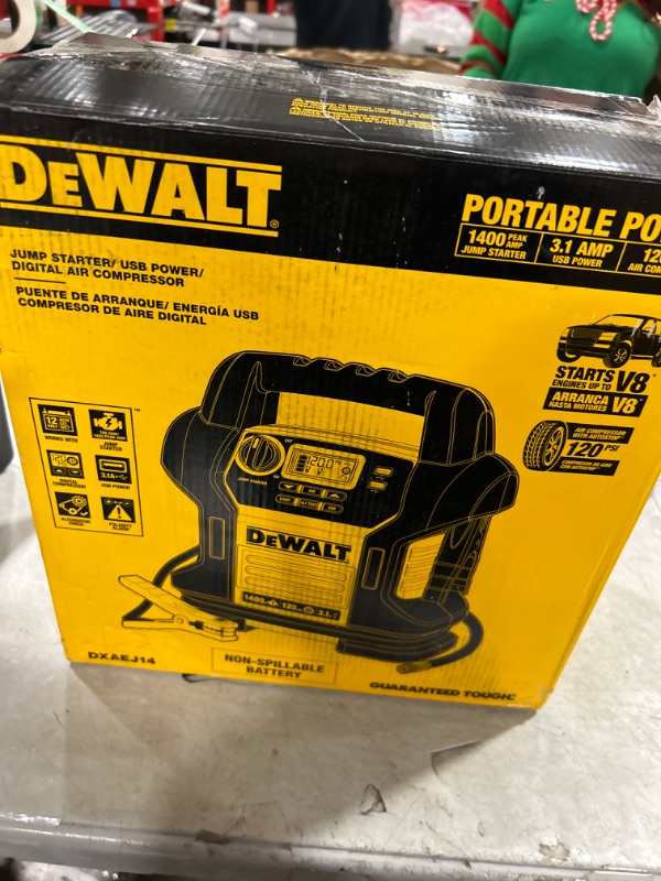 Photo 3 of DEWALT DXAEJ14 Digital Portable Power Station Jump Starter: 1400 Peak/700 Instant Amps, 120 PSI Digital Air Compressor, 3.1A USB Ports, Battery Clamps , Yellow