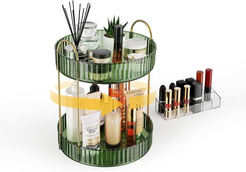 Photo 1 of 360° Rotating Makeup Organizer - 12-Slot Lipstick Holder Included | Spinning Vanity Shelf for Makeup, Skincare, and Perfume Holder| Large Capacity Bathroom Cosmetic Storage Organizer (2 Tiers, Green) 