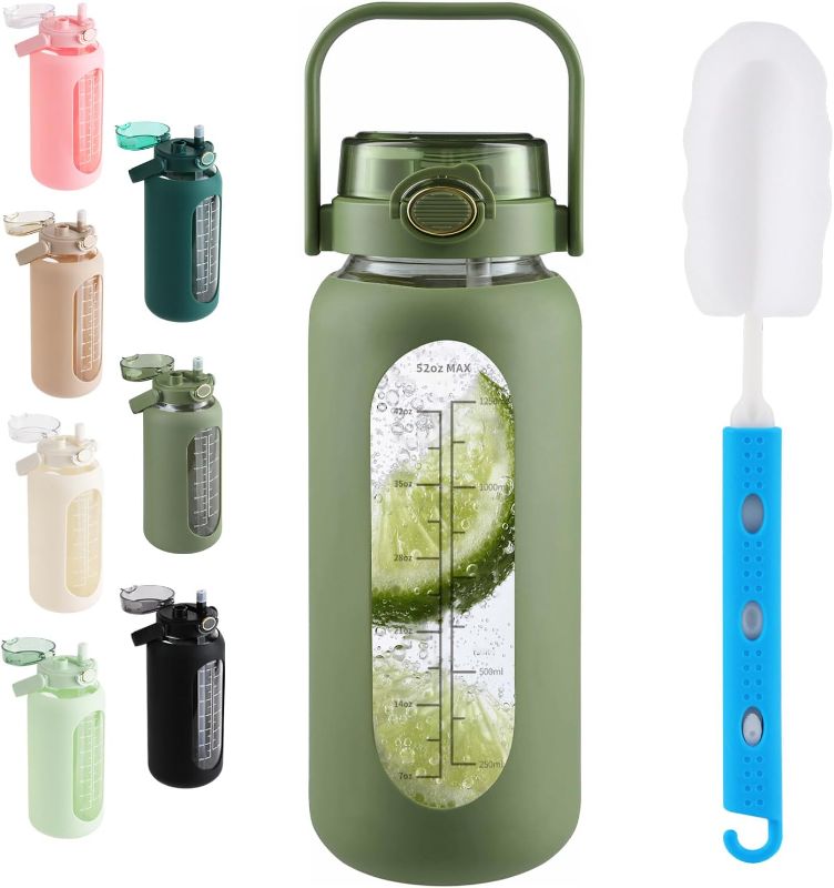 Photo 1 of 64oz Glass Water Bottle with Straw Lid Half Gallon Motivational Bottle with Handle and Silicone Sleeve and Time Marker Large Reusable Sports Water Jug for Gym Home Workout 