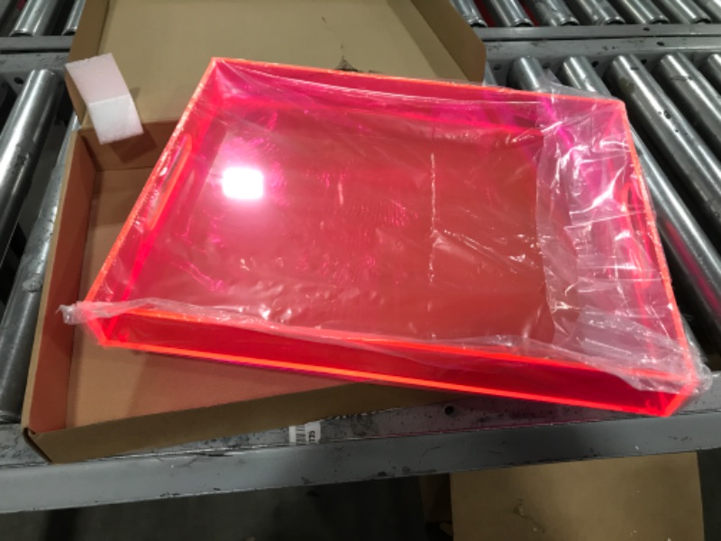 Photo 1 of Large Acrylic Serving Tray Decorative Ottoman Coffee Table Tray with Handles Decor Food Tea Fruit Dinner Snack Appetizer Lunch Dessert Drink Eating for Bar Kitchen Party, 17x13 Inches, Neon Pink Neon Pink Serving Tray-13X17''