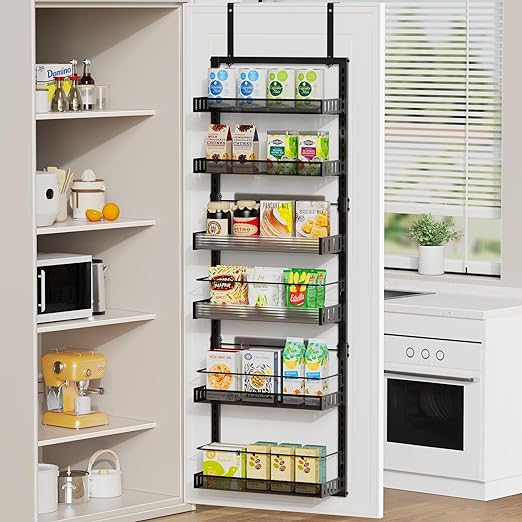 Photo 1 of Over The Door Pantry Organizer, Pantry Hanging Storage and Organization, 6 Adjustable Baskets Heavy-Duty Metal Wall Mount Spice Rack for Kitchen, Back of Door Seasoning Rack - Black