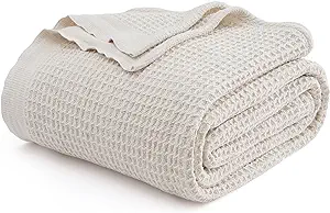 Photo 1 of Bedsure 100% Cotton Blankets Queen Size for Bed - Waffle Weave Blankets for Summer, Lightweight and Breathable Soft Woven Blankets for Spring, Light Beige/Linen, 90x90 Inches
