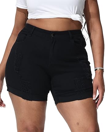 Photo 1 of Gboomo Womens Plus Size Denim Shorts High Waisted Stretchy Ripped Jean Shorts Casual Frayed Raw Hem Short Jeans 20W