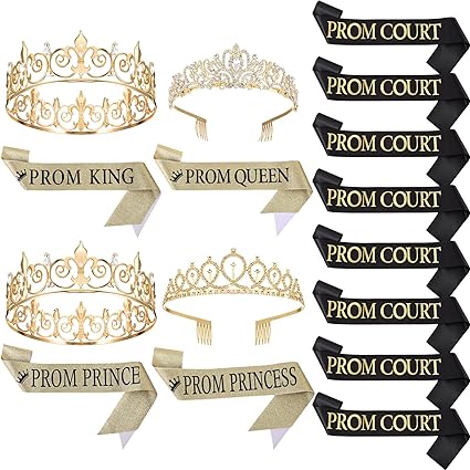 Photo 1 of 16 Pcs Prom King Prom Queen 80s Prom Court Sash Prom Prince Princess Decor Crowns Tiara Party Favors Cosplay Grad (Exquisite Styles)