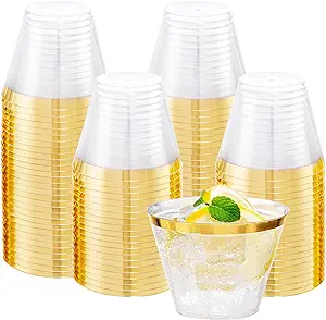 Photo 1 of  Heavy Duty Plastic Cups, 9 oz, Gold Rimmed, Clear, 100 Count, BPA Free, Disposable, for Party & Wedding