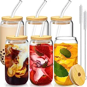 Photo 1 of 6 Pcs Drinking Glasses with Bamboo Lids and Glass Straw - 16 Oz Can Shaped Glass Cups for Beer, Ice Coffee, Cute Tumbler Cup Great for Soda Boba Tea Cocktail Include 2 Cleaning Brushes