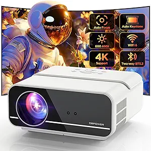 Photo 1 of [Auto Focus/Keystone] DBPOWER Projector 4K with 5G WiFi and Two-Way Bluetooth, 600ANSI FHD Native 1080P Outdoor Movie Projector with 4P4D/PPT/Zoom, Mini Home Projector Compatible w TV Stick (White)