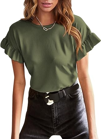 Photo 1 of EVALESS Womens Short Sleeve Casual Basic T Shirts Summer Ruffle Plain Round Neck Knit Loose Fit Tee Tops Blouses M