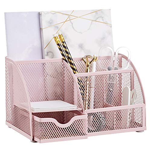 Photo 1 of Annova Mesh Desk Organizer Office with 7 Compartments + Drawer/Desk Tidy Candy/Pen Holder/Multifunctional Organizer - Light Pink