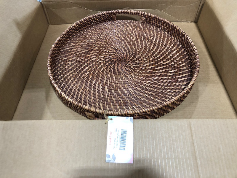 Photo 2 of 16.9 inch Rattan Tray, Round Wicker Tray with Cut-Out Handles, Woven Serving Tray for Dining/Coffee Table 16.9 inch (43cm)