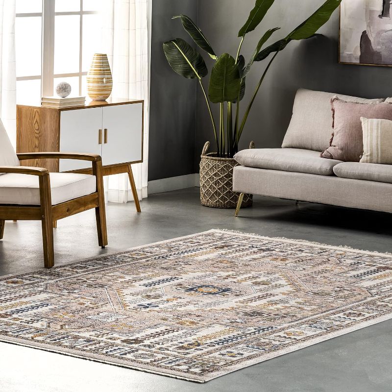 Photo 1 of  Global Inspired Medallion Fringe Accent Rug, 3x5, Beige washable rug  