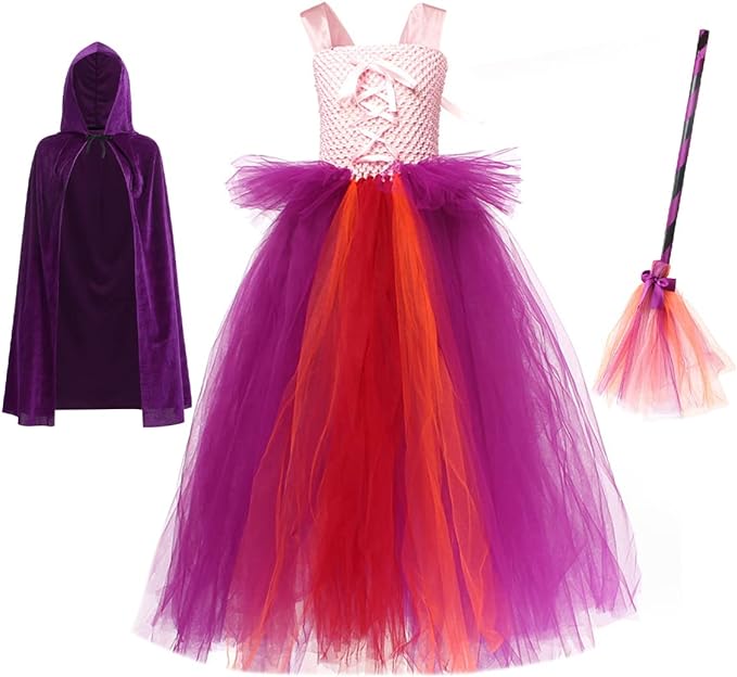 Photo 1 of IMEKIS Girls Witch Halloween Costume Princess Tutu Dress up with Broom Cape Cosplay Party Photo Shoot Outfit for Kids 2-12T SIZE XL KIDS