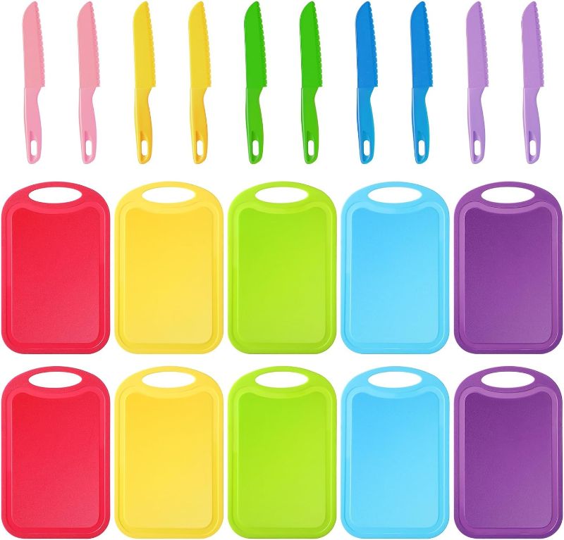 Photo 1 of 2 PACK Suttmin 10 Set Plastic Kids Knife Set for Real Cooking with Cutting Board Kitchen Toddler Knife Tools with Serrated Edges Colorful Safe Kids Cooking Tools for Cutting Salad Cake (5 Colors,Curved) 