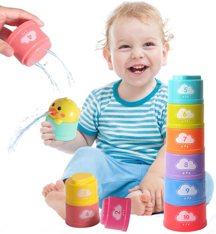 Photo 1 of Baby Toys Bath Toy and Stacking Toys,2 in 1 Stacking Cups for Infant Montessori Sensory Set,Multicolor Baby Water Pool Toys for Boys and Girls to differentiate Sizes and Study Numbers