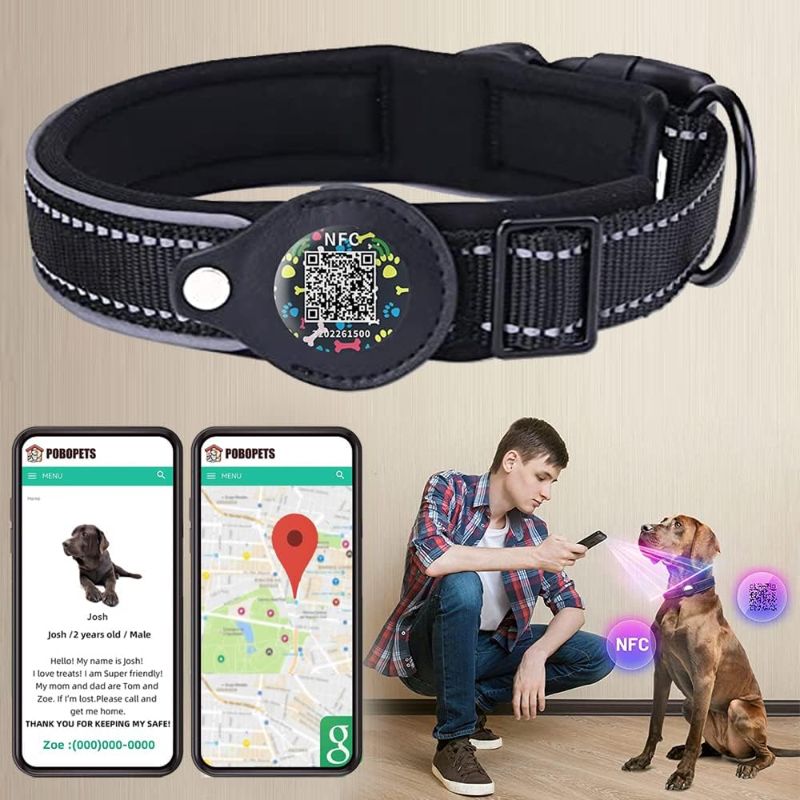 Photo 1 of Dog Collar with QR Code Pet ID Tag Smart Reflective Waterproof Adjustable with Air-Tag Case Holder Scan QR Receive Instant Pet Location Alert Email(L,Black) 