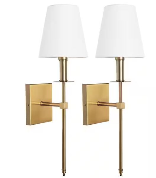Photo 1 of 1-Light Modern Gold Wall Sconce with White Fabric Shade(2-Pack)
