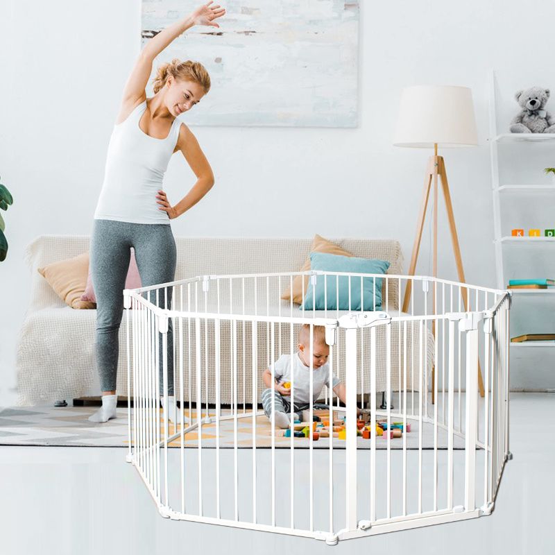 Photo 1 of 190-inch Extra Wide Baby Gate Playpen, Pet Gate for Stairs Doorway, 8-Panel Fireplace Fence with Walk-Through Door in Two Directions, Wall-Mount Metal Play Yard for baby/Toddler/Pet/Dog, 30" Tall 190" Wide - 8 Panels White