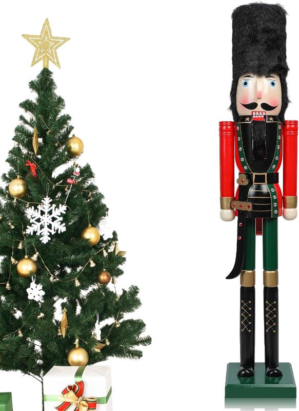 Photo 1 of Liliful 4ft Large Christmas Nutcracker Outdoor Decoration Wooden Xmas Large Nutcracker Soldier Christmas Holiday Soldier Ornament on Stand Nutcracker Decorations for Xmas Holiday Garden Lawn Pathway