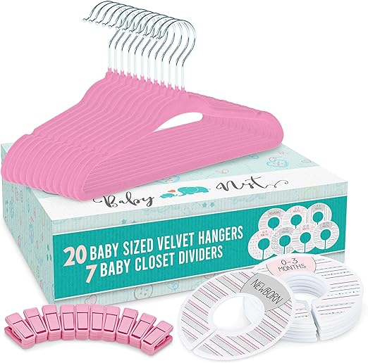 Photo 1 of Baby Nest Designs 20x Baby Hangers for Closet with 7X Baby Closet Dividers for Nursery Velvet Baby Clothes Hangers Unisex Newborn Essentials Baby Size Organizer for Infant Clothing to 24 Months 