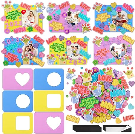 Photo 1 of Aodaer 164 Pieces Mother's Day Picture Frame Craft Kit Mother's Day Picture Frames Foam Heart Stickers Self-Adhesive Stickers DIY Mother's Day Crafts for Home Classroom Bulletin Board Decorations 