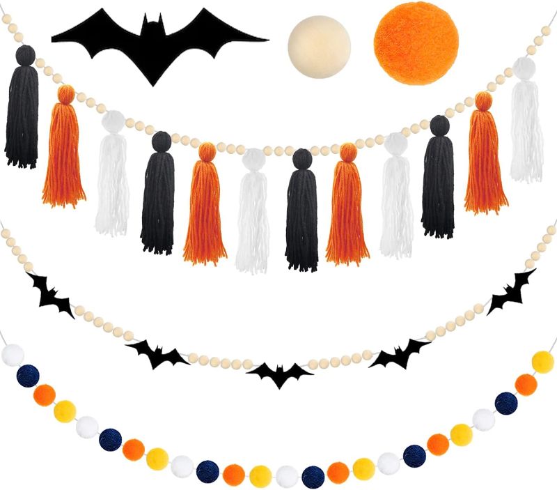 Photo 1 of 1 Piece Halloween Boho Tassel Garland 1 Piece Pom Pom Balls Garland and 1 Piece Wooden Bead Garland with Bat Felt for Halloween Decor Boho Home Party Baby Shower Supplies 