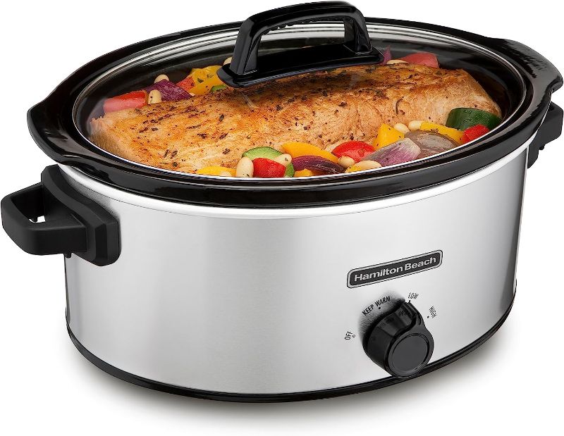 Photo 1 of Hamilton Beach 6-Quart Slow Cooker with 3 Cooking Settings, Dishwasher-Safe Stoneware Crock & Glass Lid, Silver (33665)
