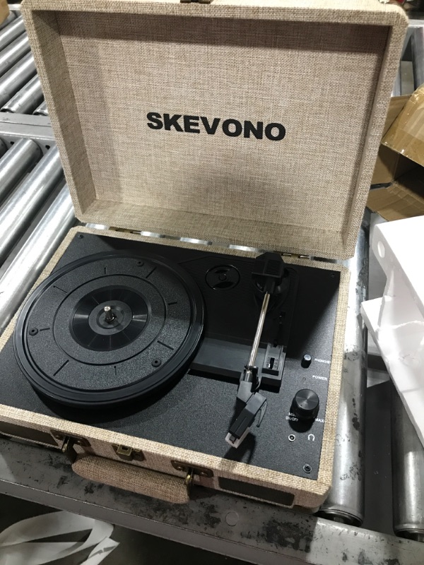 Photo 2 of Vinyl Record Player, SKEVONO 3 Speed Portable Suitcase Turntable, Bluetooth Vintage Record Player with 2 Built-in Speakers, Supports RCA Output Headphone Jack Phone Music Playback (Light Beige Linen)