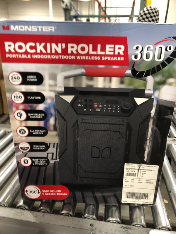 Photo 1 of MONSTER ROCKIN ROLLER 360 PORTABLE WIRELESS SPEAKER 
INDOOR/OUTDOOR 
UP TO 240 WATTS, UP TO 100 HOURS OF PLAY TIME
BLUETOOTH CONNECT
TESTED