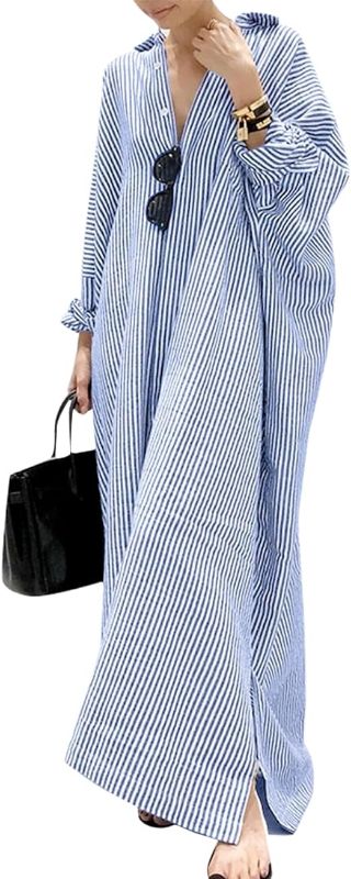 Photo 1 of ANKICK Women's Casual Button Down Shirt Dress Cotton Long Sleeve Loose Striped Maxi Shirt Dress