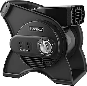 Photo 1 of Lasko High Velocity Pivoting Utility Blower Fan, for Cooling, Ventilating, Exhausting and Drying at Home, Job Site, Construction, 2 AC Outlets, Circuit Breaker with Reset, 3 Speeds, 12", Black, U12104