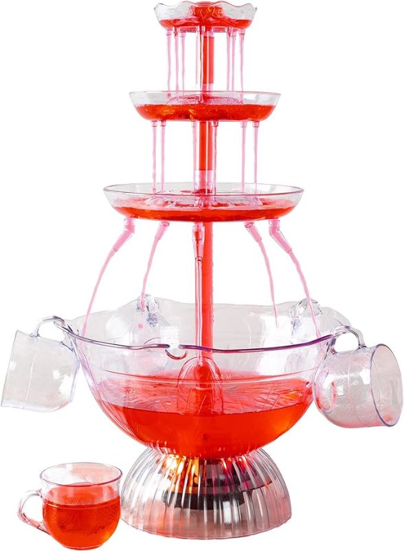 Photo 1 of 3-Tier Party Drink Dispenser – 1.5-Gallon Punch Fountain with LED Light Base and 5 Cups – Juice, Soda, or Mimosa Tower by Great Northern Party, Red