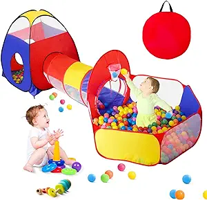 Photo 1 of GeerWest 3 in 1 Kids Play Tent for Toddler with Baby Ball Pit and Play Tunnel, Children Indoor Outdoor Playhouse with Climbing Tunnel Toy for Toddlers, Boys and Girls Best Birthday Gifts