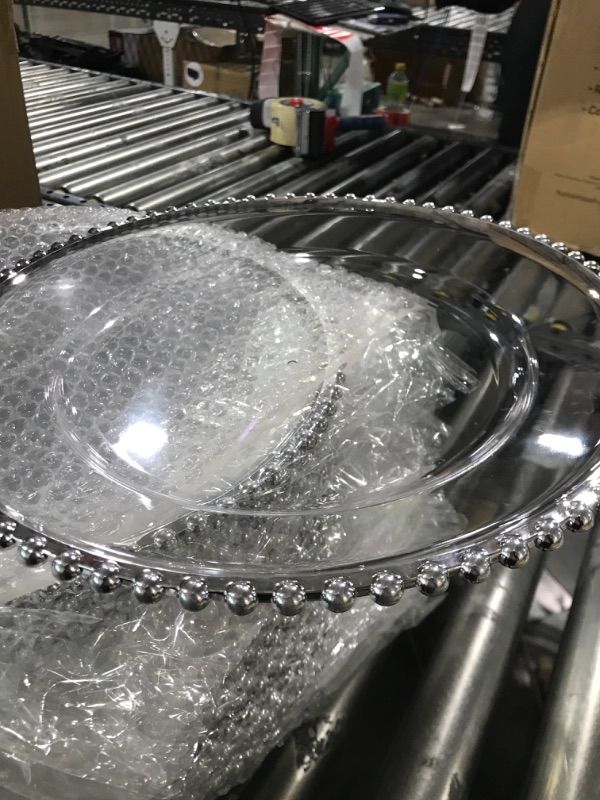 Photo 1 of 25 Pcs Clear Charger Plates 13 Inch Plastic Round Dinner Plates with Beaded Rim Dinner Table Decorative Plates for Home Wedding Kitchen Birthday Bridal Shower Party Dinner Table Supply (Silver)
