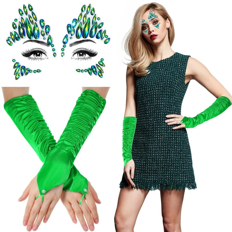 Photo 1 of 3pk of Jeyiour 2 Pcs Green Halloween Costume Accessories Set Face Gems Jewels Stick on and Stretchy Long Opera Party Gloves Makeup Rhinestone Tattoo Sticker for Party Carnival Cosplay (Fingerless)
