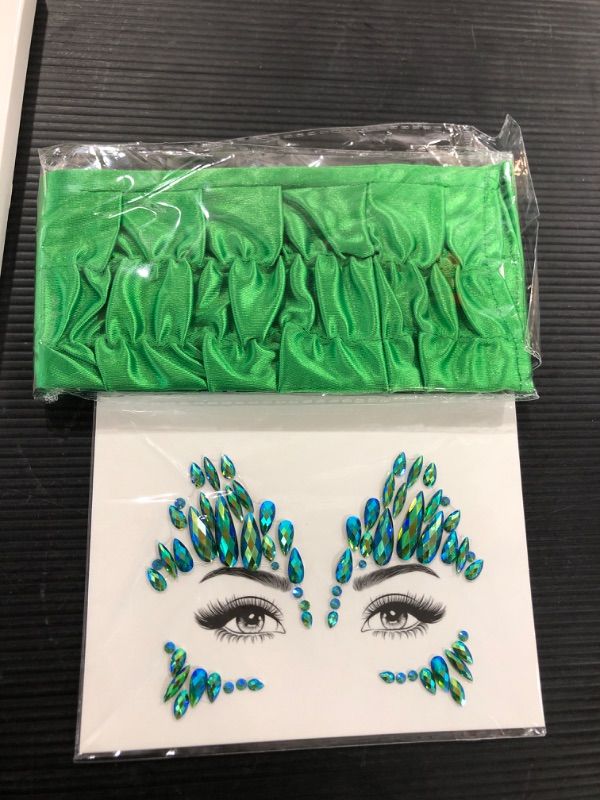 Photo 1 of 4pk of Jeyiour 2 Pcs Green Halloween Costume Accessories Set Face Gems Jewels Stick on and Stretchy Long Opera Party Gloves Makeup Rhinestone Tattoo Sticker for Party Carnival Cosplay (Fingerless)
