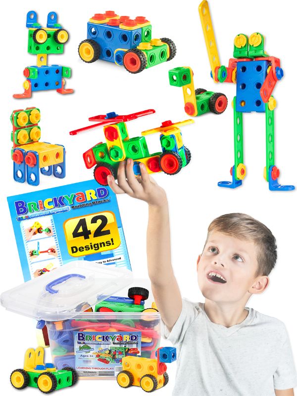 Photo 1 of Brickyard Building Blocks STEM Toys - Educational Building Toys for Kids Ages 4-8 with 163 Pieces, Tools, Design Guide and Toy Storage Box, Gift for Boys & Girls
