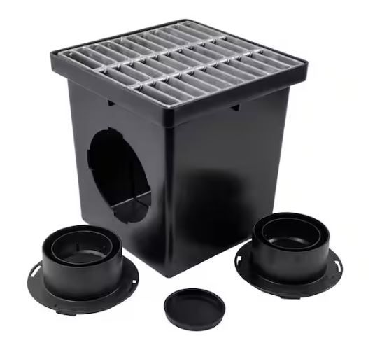 Photo 1 of 12 in. Square Catch Basin Drain Kit with 2-Opening Catch Basin Steel Grate 2-Outlet Adapters 1-Outlet Plug
