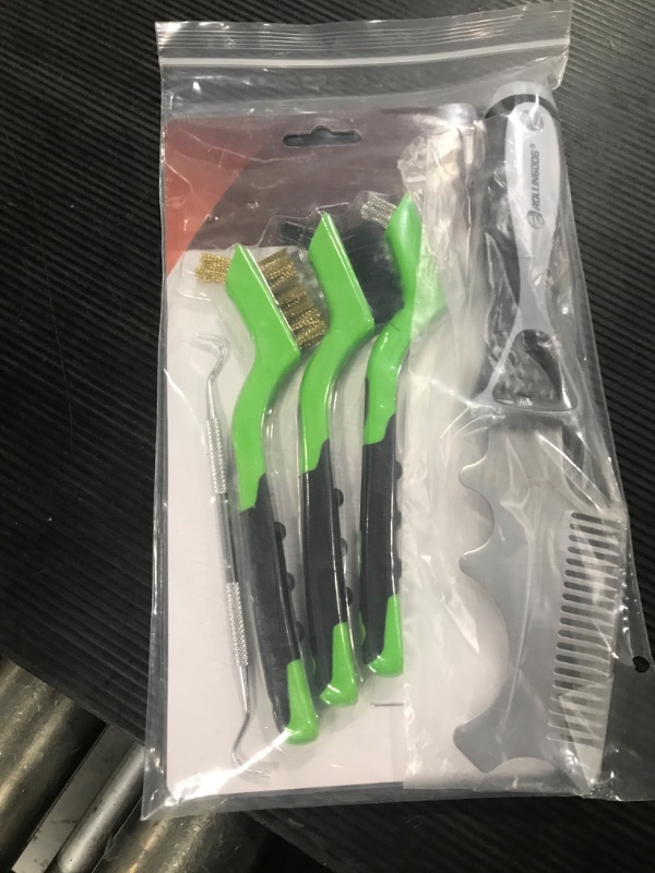 Photo 2 of 5PCS Wire Brush Set - 1Pc Stainless Steel Comb, 1Pc Stainless Steel/1Pc Brass/1Pc Nylon Brush, 1Pc Steel Pick with Curved Ergonomic Handle Grip for Effective Rust Removal, Dirt, Paint Scrubbing 5PCS GREEN