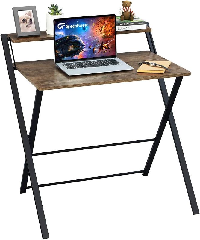 Photo 1 of GreenForest Folding Computer Desk No Assembly Required 2 Tier Computer Desk with Shelf Space Saving Small Foldable Fully Unfold 32 X 24.5 inch, Brown, Large Size:29.5 X 20.47
