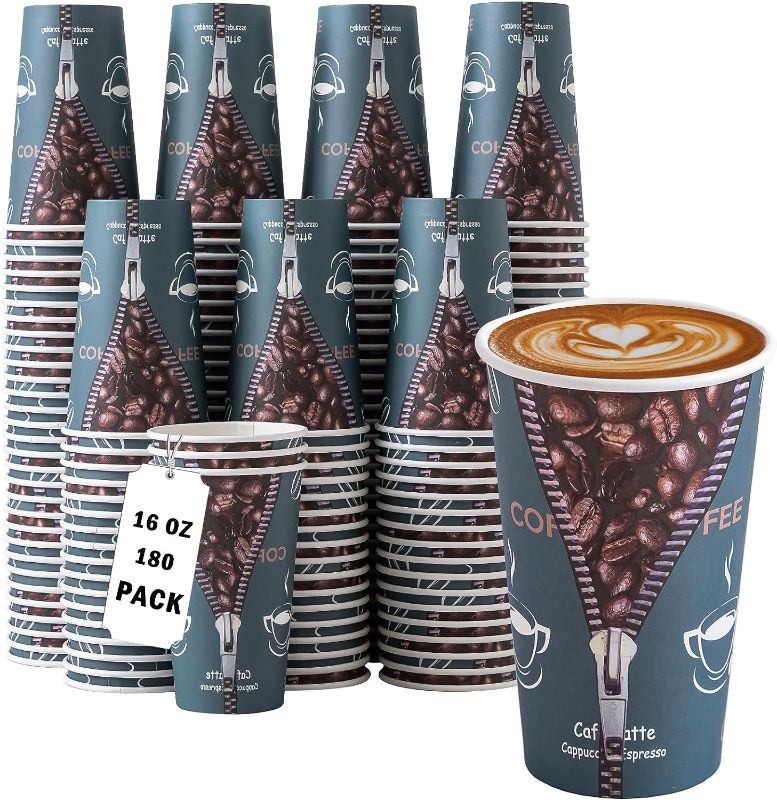 Photo 1 of 16 oz Paper Coffee Cups - 180 Count, Disposable Cups 16 Ounce Zipper Pattern Cups for Hot/Cold Beverage Drinking