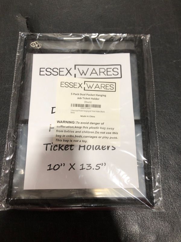 Photo 2 of 5 Pack Dual Hanging Job/Shop Ticket Holder (Black) - by Essex Wares - Use in Your Business or in a Classroom. Fits Standard 8.5 X 11 Sheets of Paper Plus Front Pocket to Store Small Items.