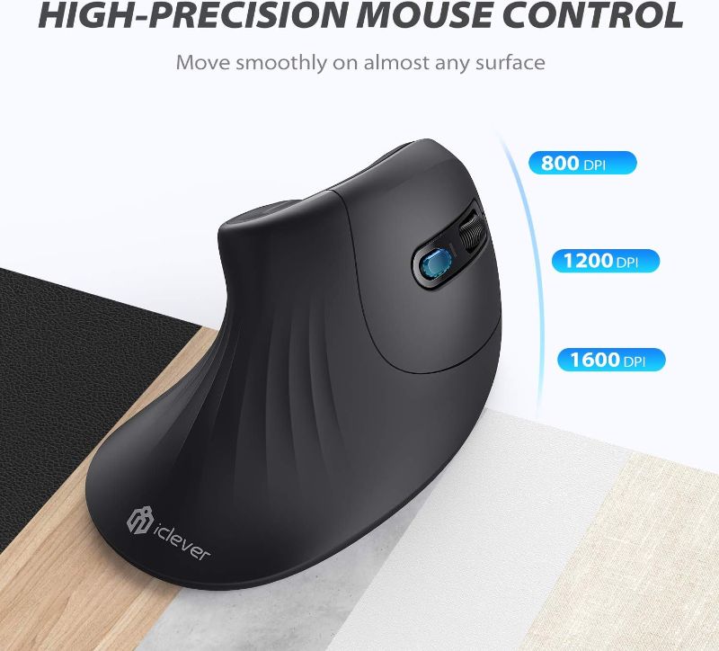 Photo 1 of iClever Ergonomic Wireless Vertical Mouse 6 Buttons with Adjustable DPI Comfortable 2.4G Optical for Mac, PC, Desktop, Laptop