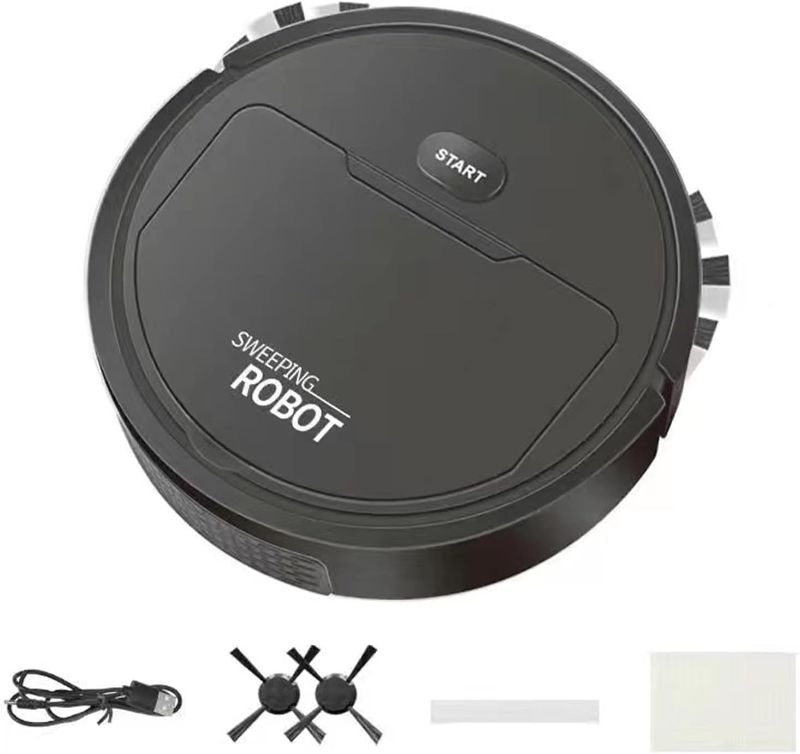 Photo 1 of CALIDAKA Mini Robot Vacuum Cleaner, 3 in 1 Robot Vacuum Cordless USB Rechargeable, Strong Suction & Low Noise, Electric Robotic Vacuum Cleaner with Mop for Pet Hair Hard Floor Carpet (Black)