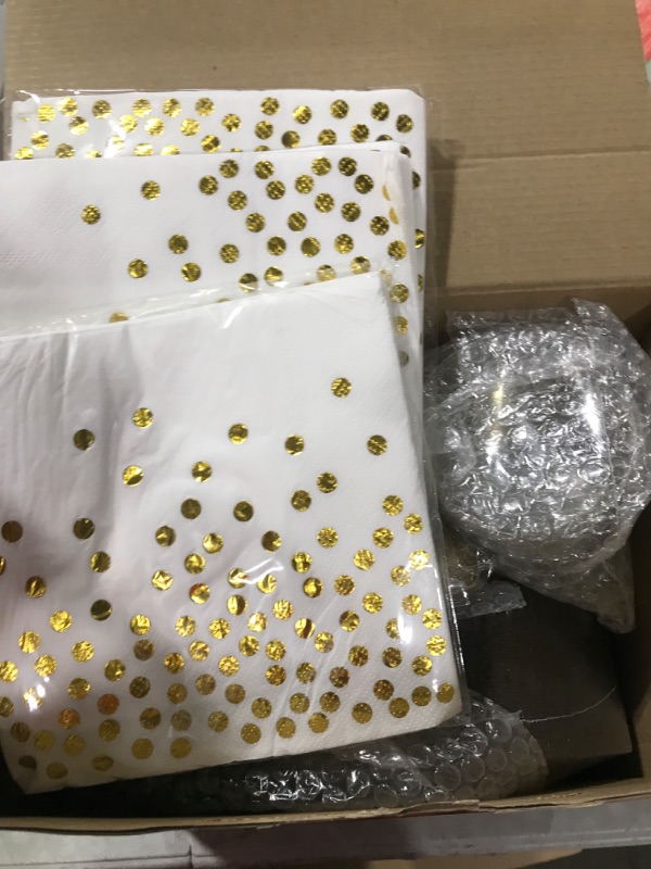 Photo 3 of 350 Piece Gold Glitter Plastic Dinnerware Set for 50 Guests, Fancy Disposable Plates for Party, Include: 50 Dinner Plates, 50 Dessert Plates, 50 Pre Rolled Napkins with Gold Glitter Silverware, 50 Cup

