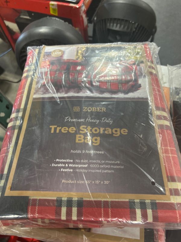 Photo 2 of ZOBER Artificial Christmas Tree Storage Bag with Plaid Design for Disassembled Trees of 9 ft. Durable Handles & Sleek Dual Zipper Holiday Xmas Bag Made of Tear Proof 600D Oxford