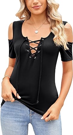 Photo 1 of Esobo Women's Summer Cold Shoulder Top Scoop Neck Criss Cross Slim-fit T-Shirt Blouse SMALL 