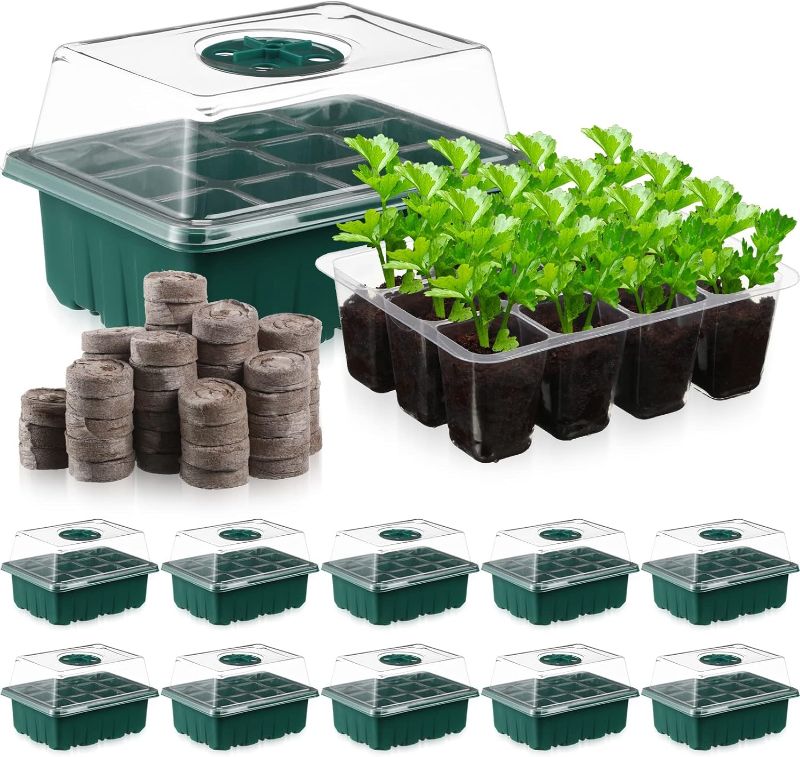 Photo 1 of 10 Pack Seed Starter Tray 150 Peat Pellets for Seedlings 120 Cells Total Tray Peat Soil Plant Grow Seed Box Tray with Adjustable Humidity Dome Base Garden Propagator Set for Plant Germination Growing
