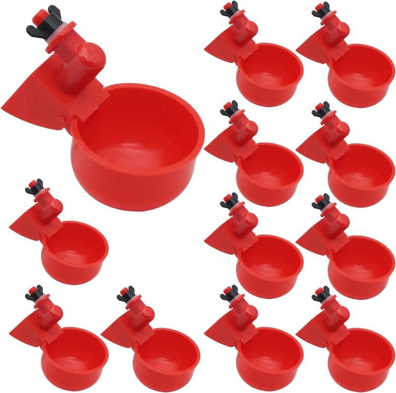 Photo 1 of 12 Pcs Chicken Waterer Cups Automatic Poultry Drinking Bowl Feeder, 1/8 Inch Thread Auto-Fill Drinking Bowl for Chicken Duck Turkey Bird Rabbit (Red)
